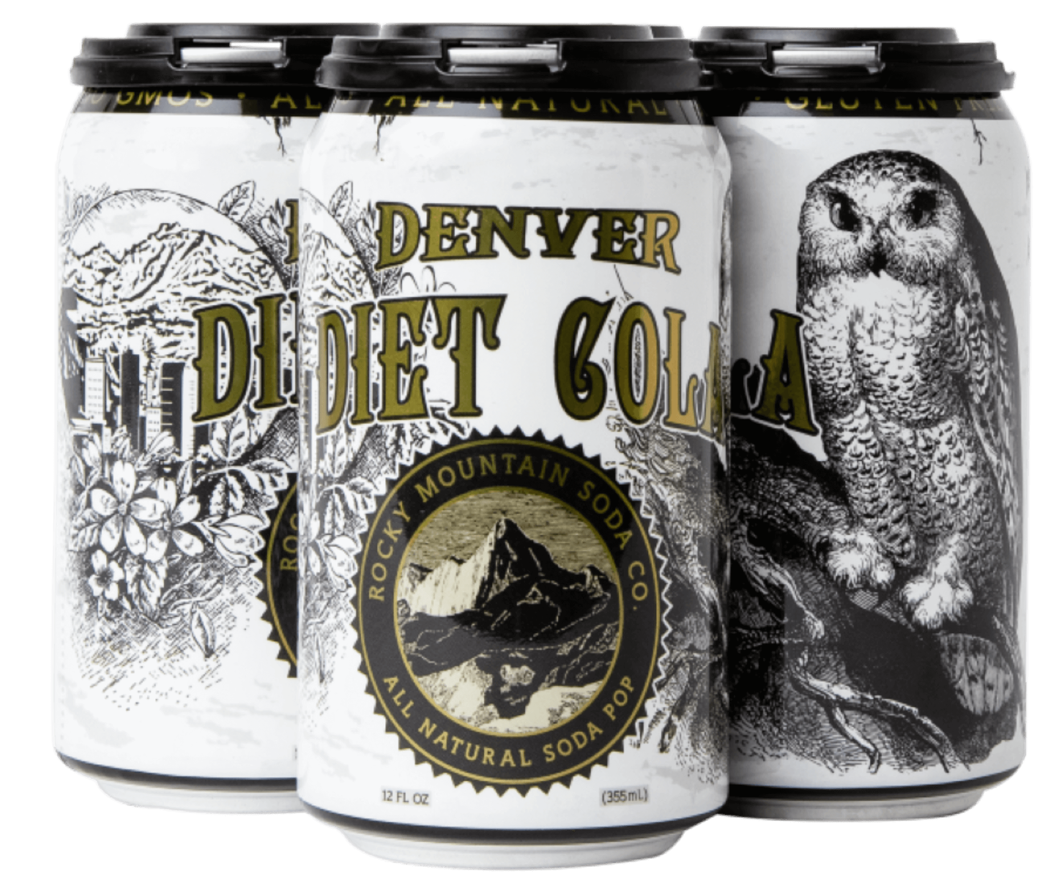 Four-pack of white Denver Diet Cola cans by Rocky Mountain Soda Company with snow owl illustration