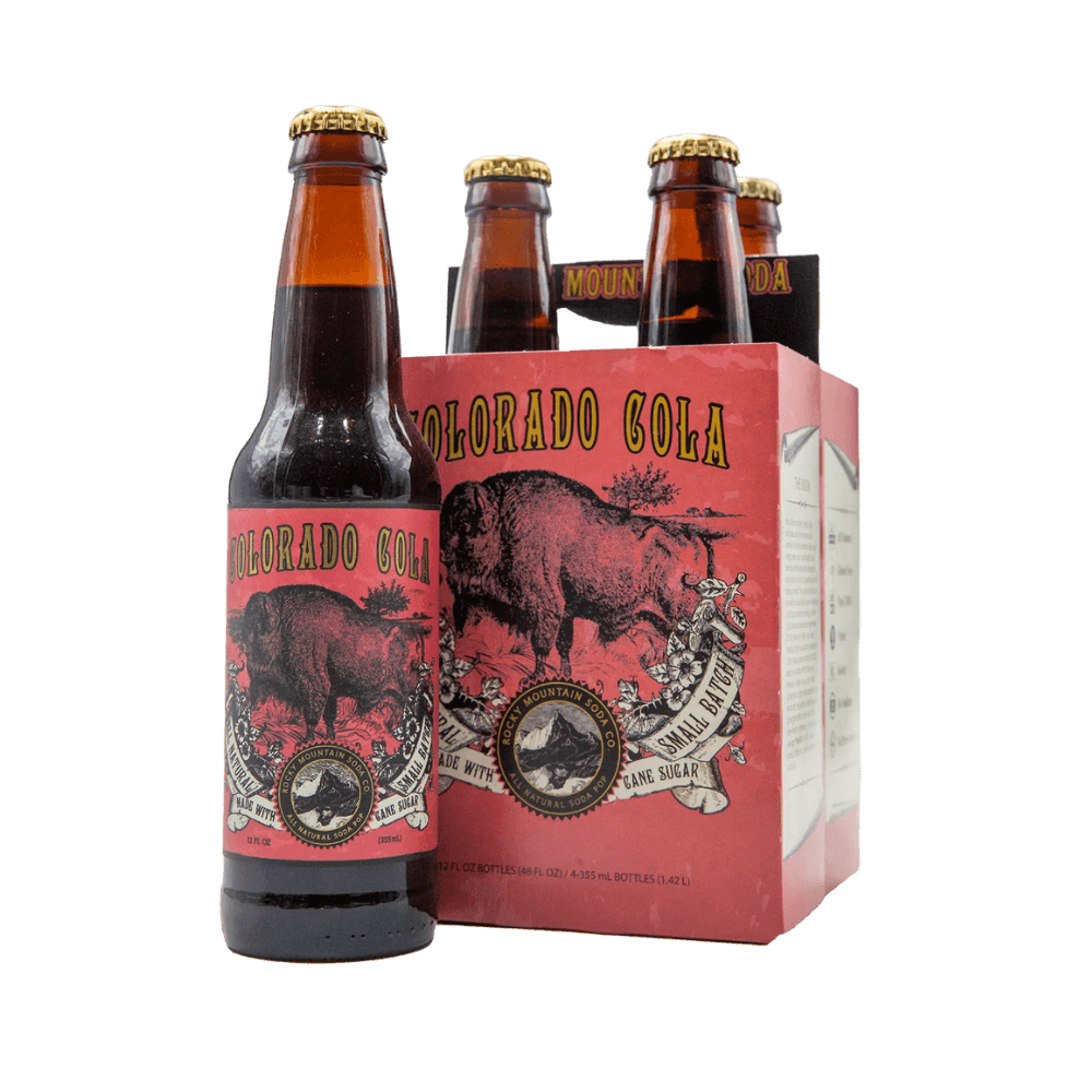 Brown bottle of Colorado Cola pictured beside four-pack with oxen illustrations on red packaging